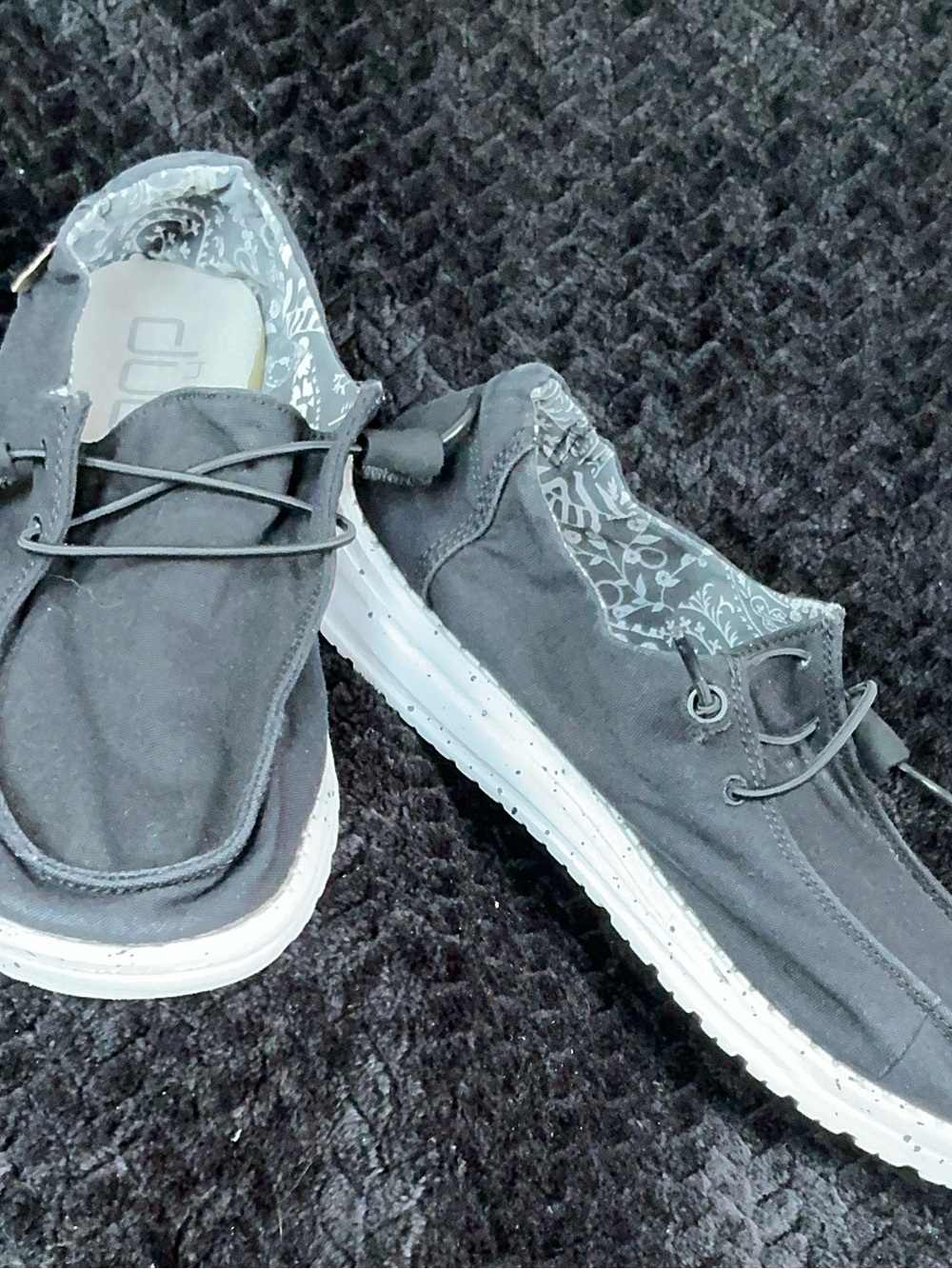Hey Dude Black Canvas Slip-Ons with White Sole